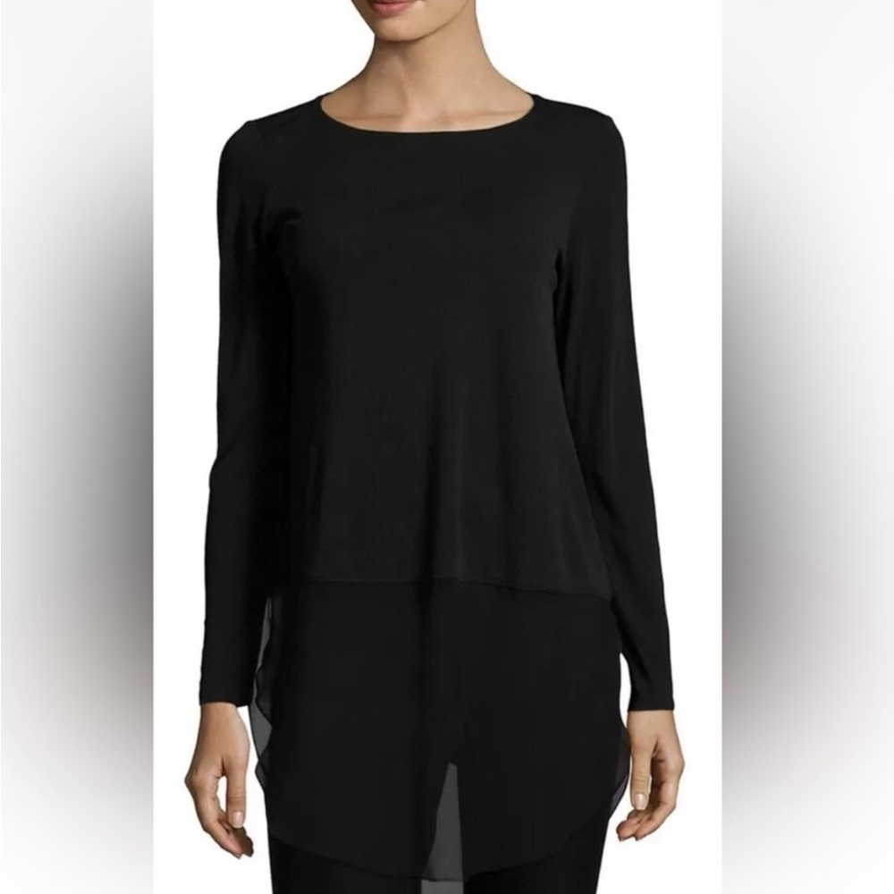 EILEEN FISHER 100% Silk Black Sheer-Hem Bateau-Neck Boxy Tunic Lagenlook